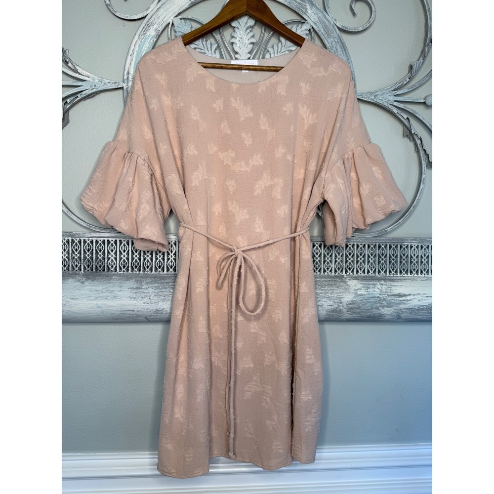 Ces Femme Peach Floral Jacquard Ruffle Bell Sleeve Mini Dress Size L NWT